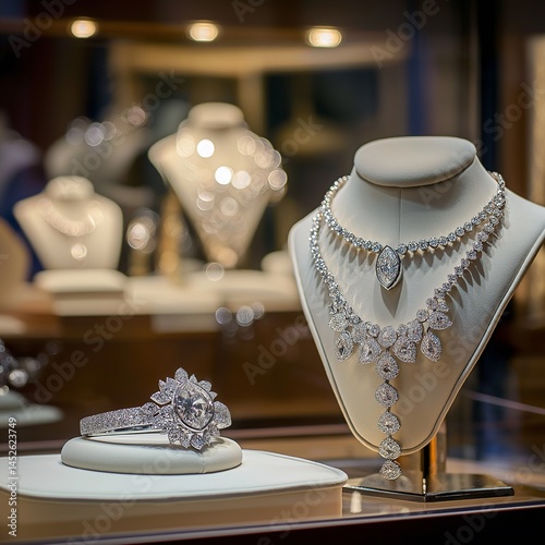 closeup of elegant diamond necklaces on display stands