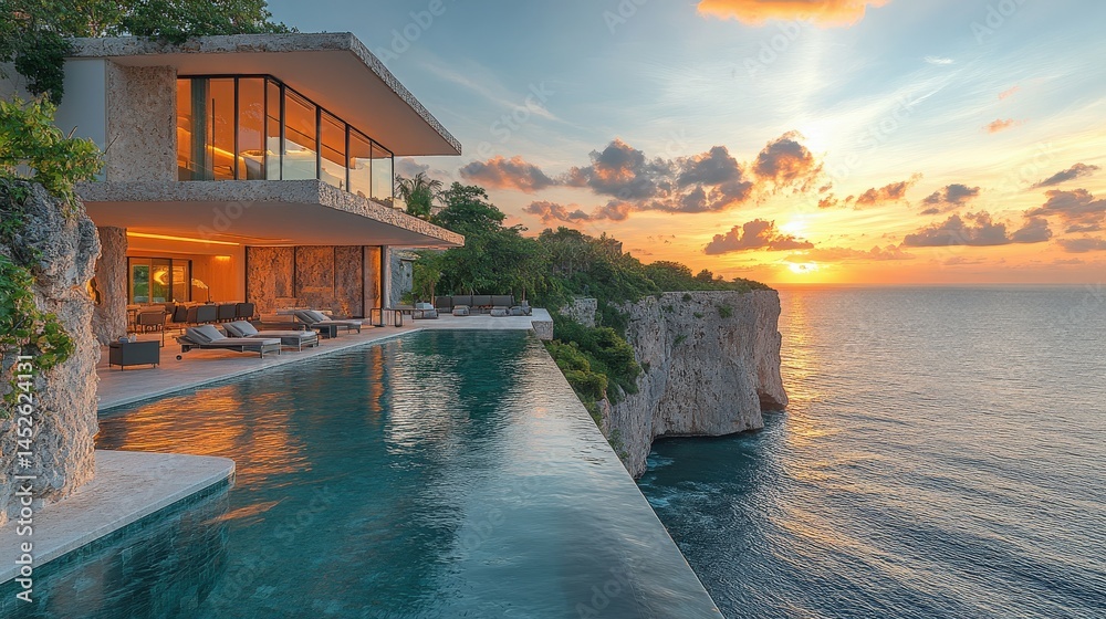 Fototapeta premium Luxury villa with ocean view infinity pool on the edge of cliff at sunset
