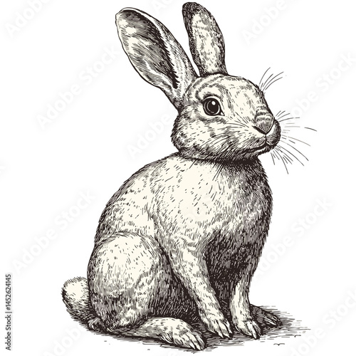 Rabbit sitting still, vintage woodcut sketch, black engraving style, retro animal vector, hand-drawn bunny art, antique forest wildlife, rustic illustration, country house wall print