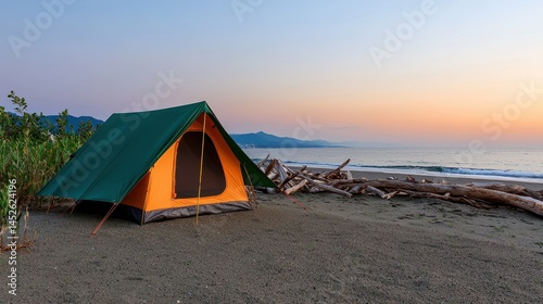 Serene Beach Camping Scene at Sunset with Tent and Ocean View