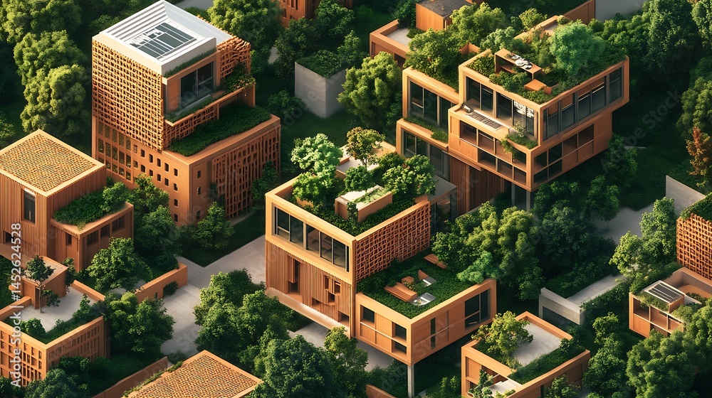 Fototapeta premium Eco friendly architecture modern sustainable home design green roofs urban living nature integrated city view