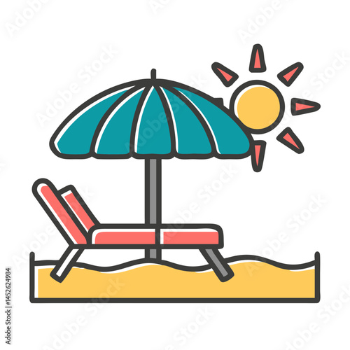 Beach umbrella and lounge chair in a sunny setting  