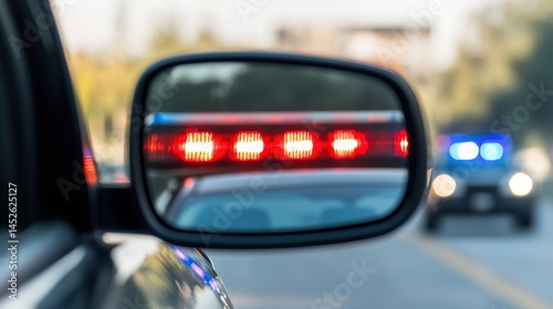 Alcohol Steering Accident Concept, Rearview Mirror Reflection of Flashing Red and Blue Lights from Police Vehicle on City Street