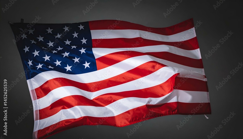 Fototapeta premium Dramatic close-up of a waving American flag against a dark gray background. Perfect for patriotic themes, Independence Day, or political concepts.