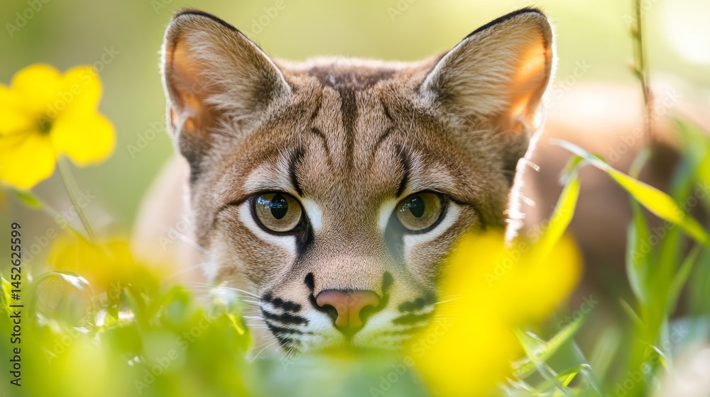A cat is looking at the camera in a field of yellow flowers