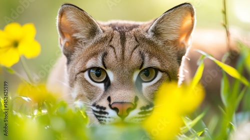 Obraz na płótnie A cat is looking at the camera in a field of yellow flowers w salonie