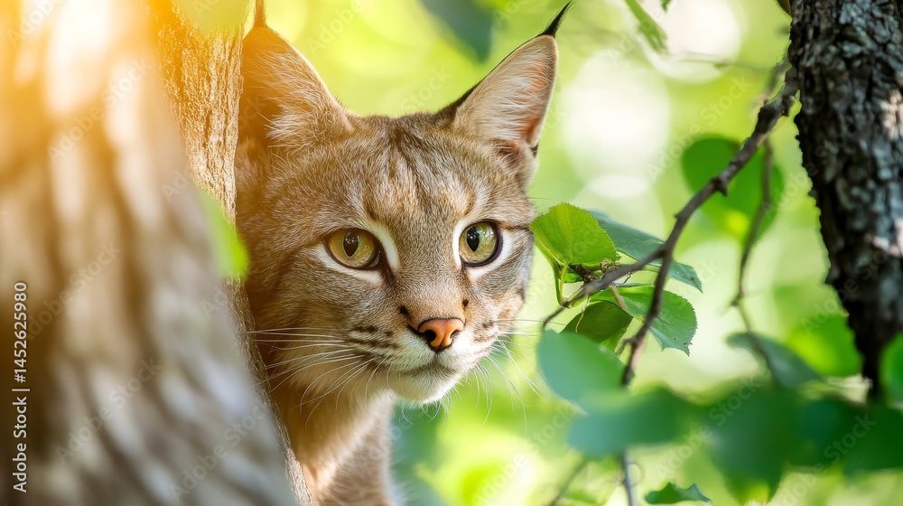 A cat is hiding in the leaves of a tree