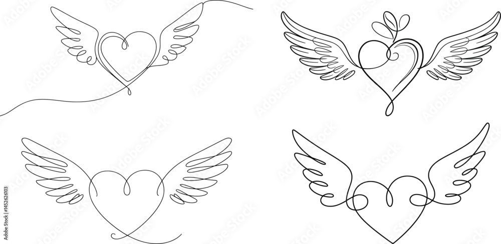 Winged Heart Line Art Set, Minimalist Love and Romance Outline Design. Winged Heart Line Art Set, Minimalist Love and Romance Outline Design.