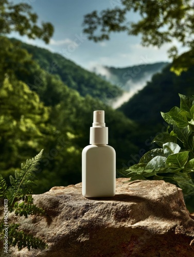 Natural Skincare Spray Bottle Mockup Displayed on Rock with Lush Forest Views