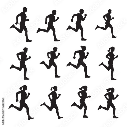  Man and woman for fitness  in various poses vector, silhouette set. Ideal for sports, exercise, athletic project.