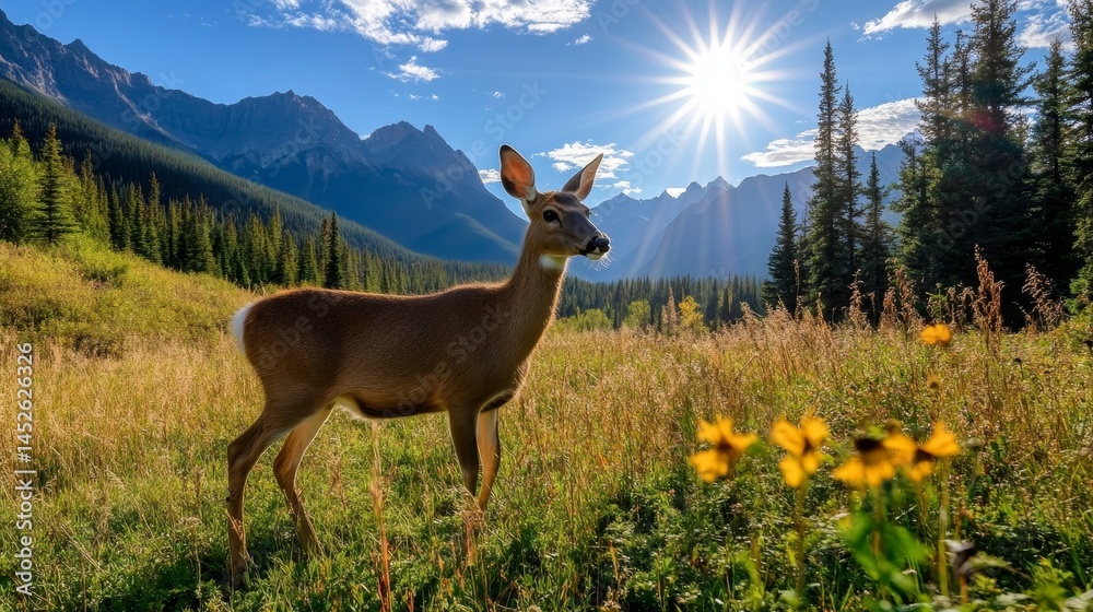 A deer is standing in a field of grass and flowers