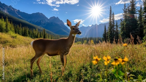 Obraz na płótnie A deer is standing in a field of grass and flowers w salonie