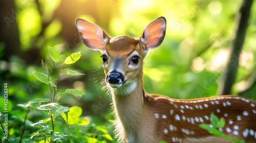 A deer with white spots on its body is standing in a green field