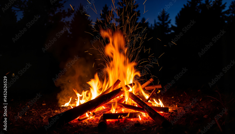 Naklejka premium Campfire flames glowing brightly at night in the forest
