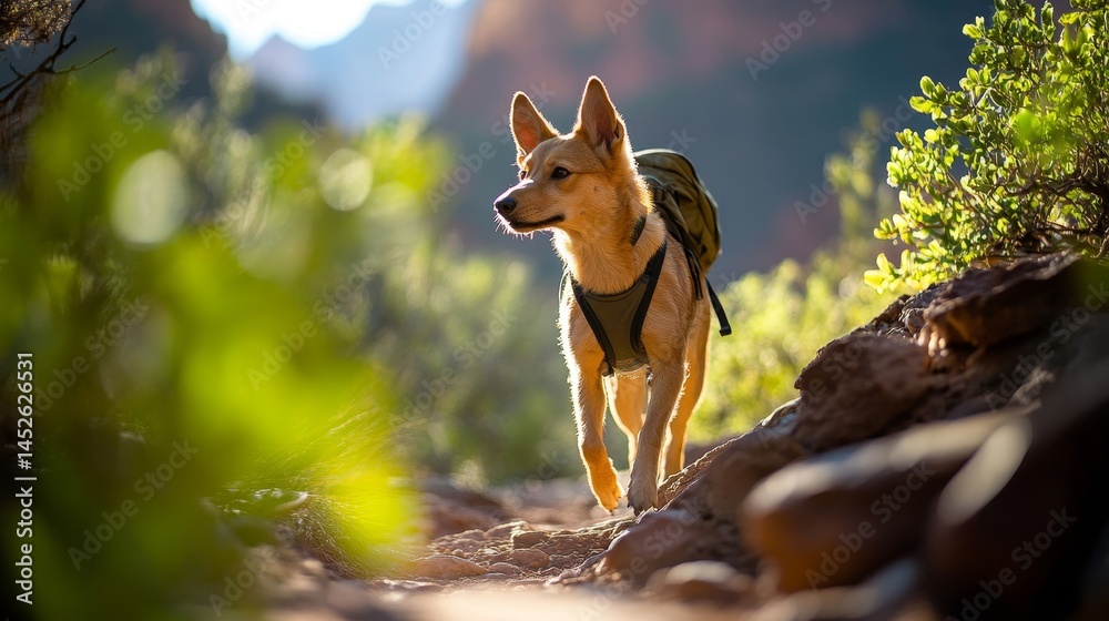 A dog is walking on a trail with a backpack on its back