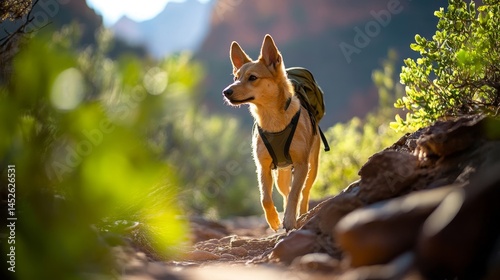 Obraz na płótnie A dog is walking on a trail with a backpack on its back w salonie