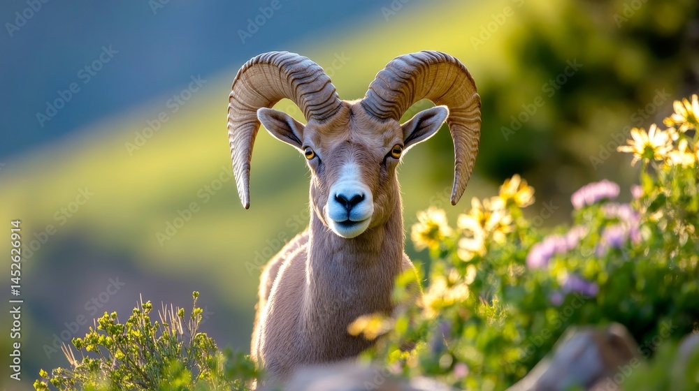 A ram with horns is standing in a field of flowers