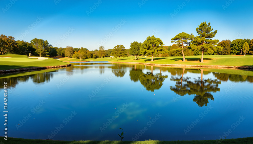 Obraz premium Serene golf course view with reflection of trees in the water 