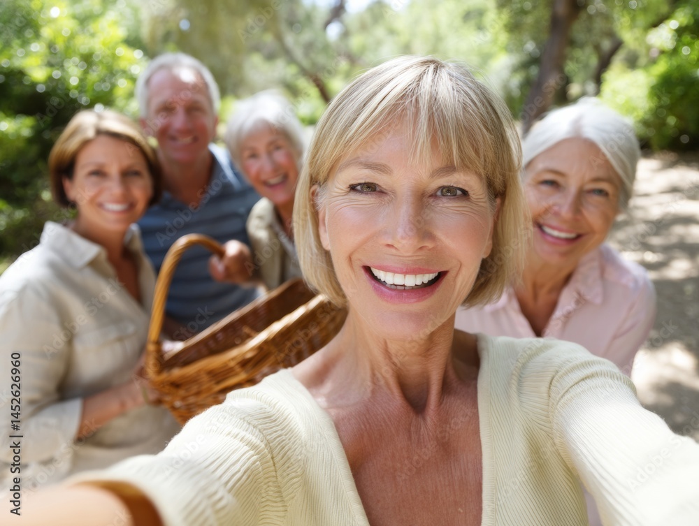 Joyful Senior Friends Taking a Selfie with a Picnic Basket Outdoors Joyful Senior Friends Taking a Selfie with a Picnic Basket Outdoors