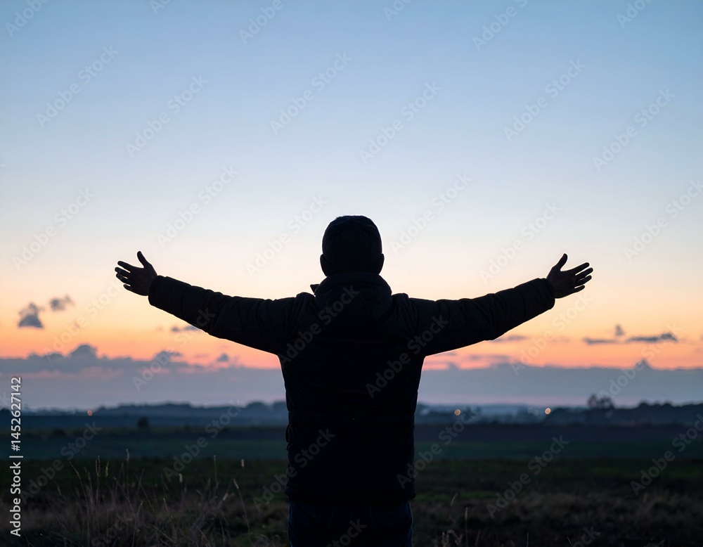 Fototapeta premium Silhouette of a person with arms outstretched, enjoying a beautiful sunset over a tranquil landscape.