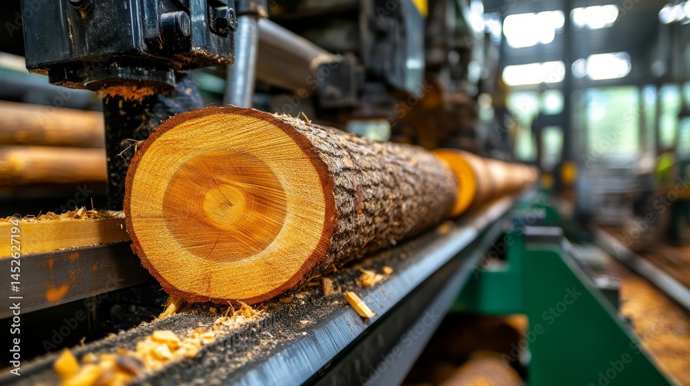 A log is being cut into smaller pieces in a factory
