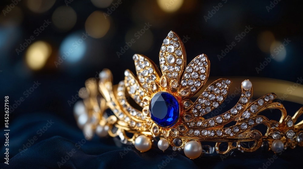 A blue and gold tiara with a blue stone in the center