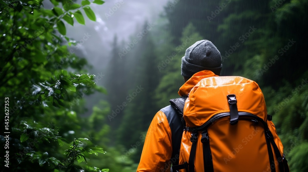 A man wearing an orange jacket and a black backpack is walking through a forest