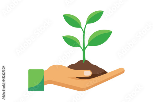 Sprout in hand. Young seedling in handbreadth. Vector illustration of plant new life symbol