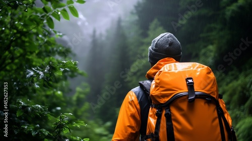 Obraz na płótnie A man wearing an orange jacket and a black backpack is walking through a forest w salonie