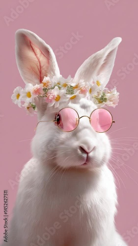 Adorable white rabbit portrait with flower crown and round pink glasses on a pink background for spring holiday themes