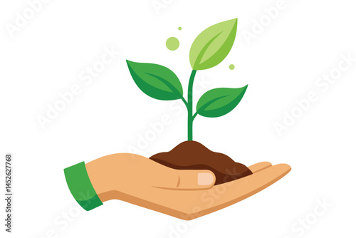 Sprout in hand. Young seedling in handbreadth. Vector illustration of plant new life symbol