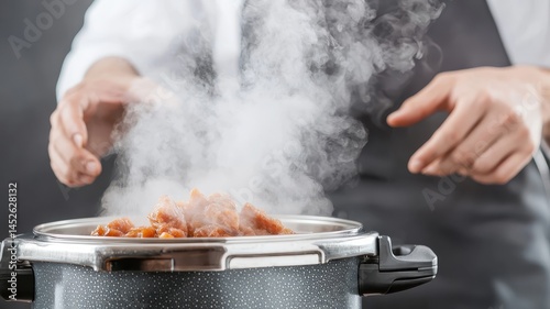 Steam escaping from a pressure cooker apron during cooking process.