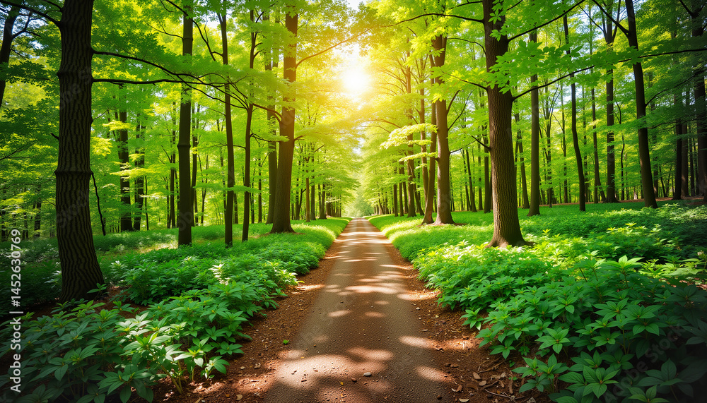 Obraz premium Lush green forest pathway illuminated by bright sunlight 