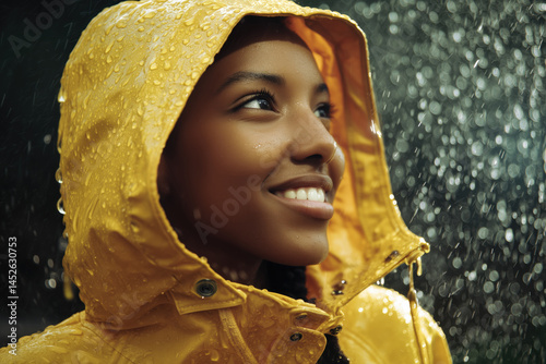 Smiling Woman in Yellow Raincoat Enjoying the Rain