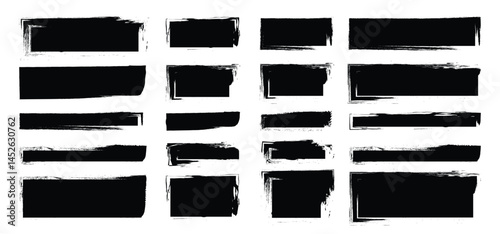 Vector black paint brush stroke, ink splash and grunge decoration elements. Freehand grunge brush illustration. Black watercolor splatter, texture, frame and abstract background for social media.