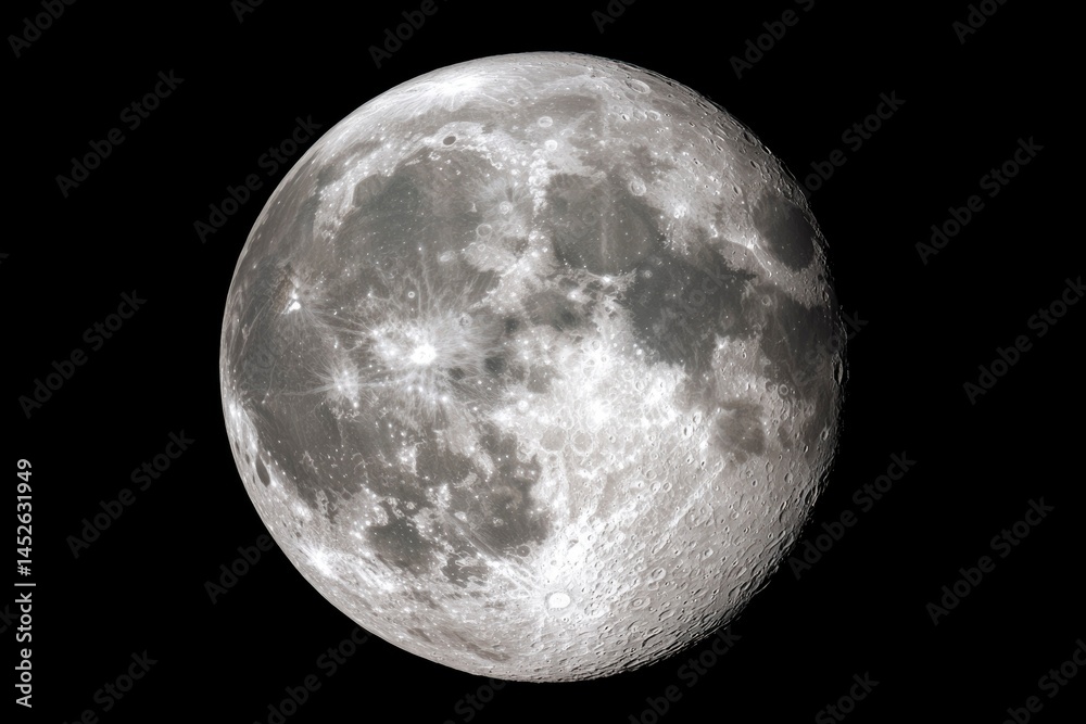 Obraz premium Full moon displays a bright, detailed lunar surface against a stark black background