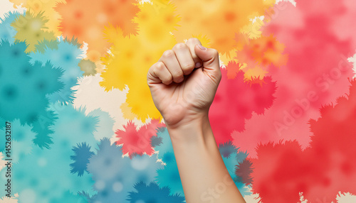 Empowered hand raised in protest against colorful abstract background  