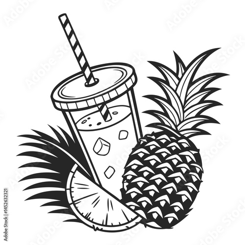 Pineapple smoothie vector illustration, tropical fruit drink with ice, summer refreshment and healthy diet concept isolated on transparent background