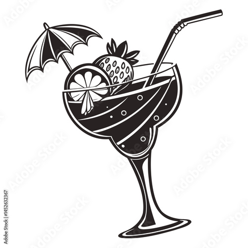 Black and white cocktail illustration with strawberry lemon and umbrella for summer drink design vector art isolated on transparent background