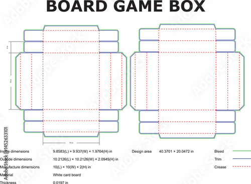 Detailed board game box diecut template vector illustrating manufacturing dimensions and technical specifications