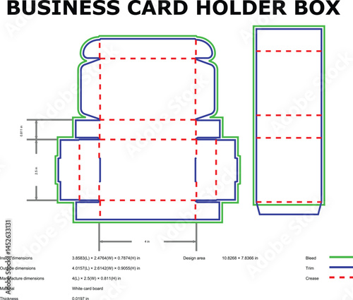 Detailed vector illustration of a business card holder box diecut template with dimensions and layout information