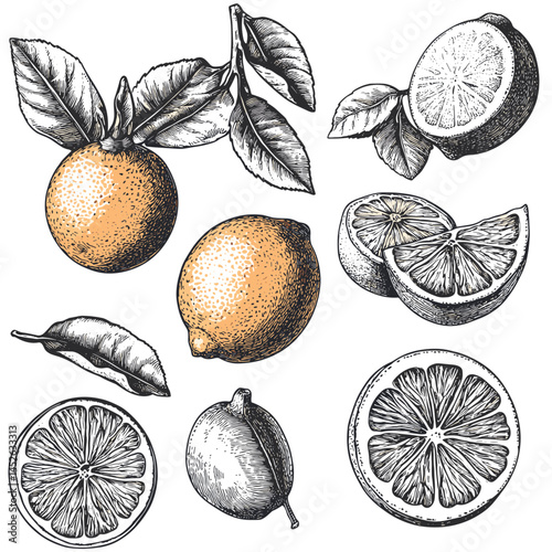 Black sketch citrus fruits with leaves, vintage woodcut engraving, retro illustration, hand drawn citrus set, rustic fruit design, old botanical artwork, citrus vector art,