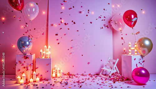 Colorful balloons and candles celebrating a joyful event in a party setting  