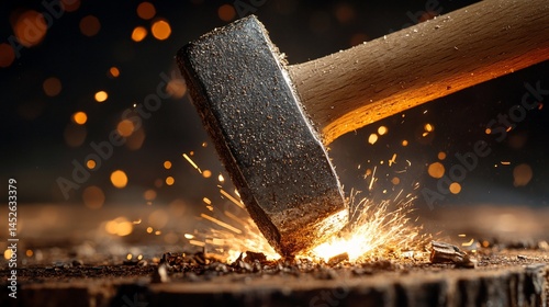 Hammer strikes with sparks in a dimly lit setting