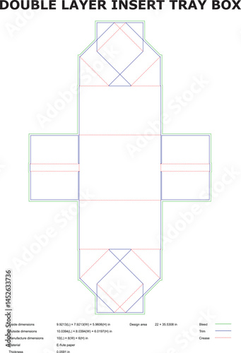 Detailed technical vector illustration of a double layer insert tray box diecut design for packaging.