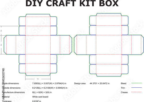 Detailed vector template of a diy craft kit box design with precise measurements and specifications for assembly