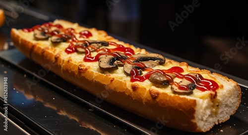 Open-faced zapiekanka (baguette pizza) with melted cheese, mushrooms, and ketchup drizzle. Night market in Kraków, neon signs reflecting on cheese