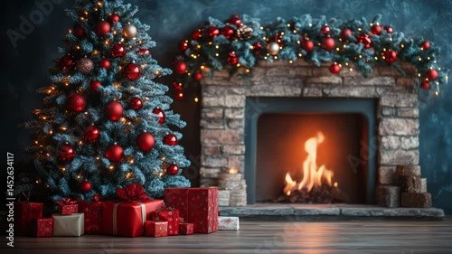 Christmas tree and holidays present on fireplace background