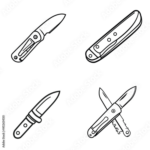 Folding Pocket Knife Icons Set, Line Art Style, Collection of Knives on White