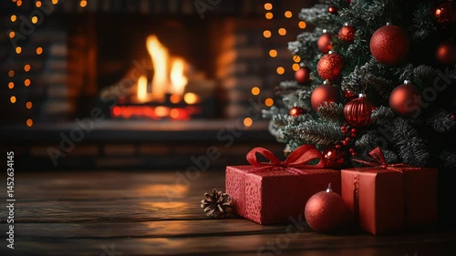 Christmas tree and holidays present on fireplace background
